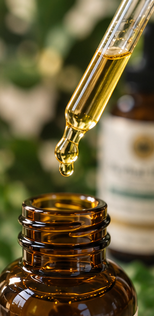 A golden drop of Herbal Elixir falling from the dropper into the open amber bottle